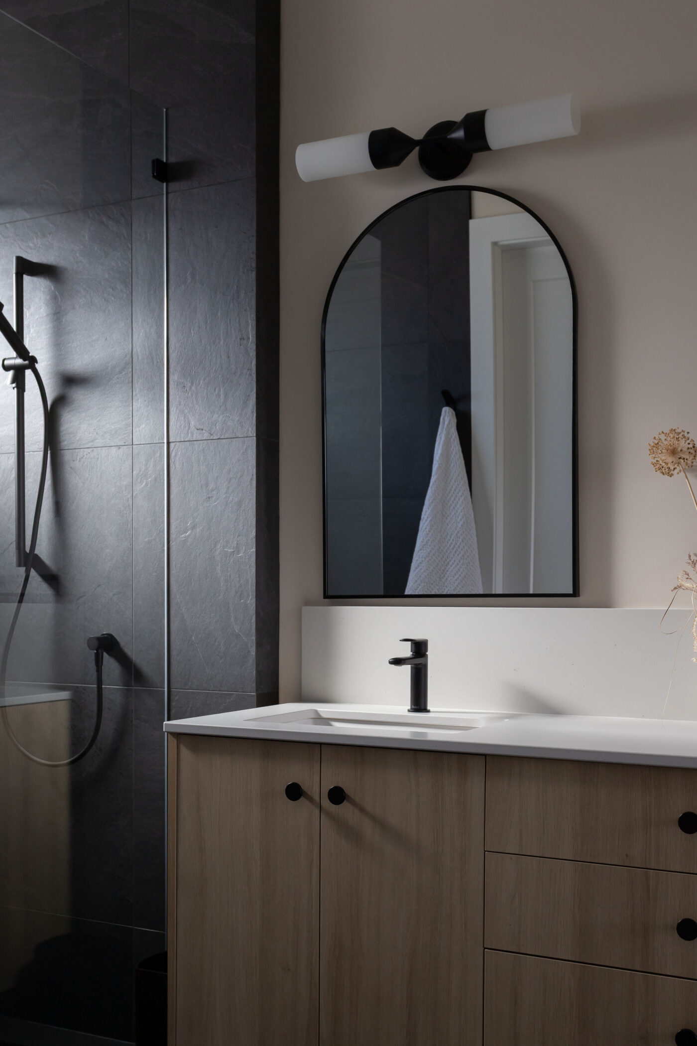 Modern Custom Home Primary Bathroom with Black Accents in Kamloops Region